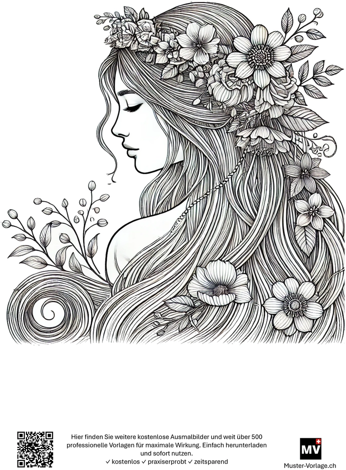 elegante-frau-mit-blumen-ausmalvorlage