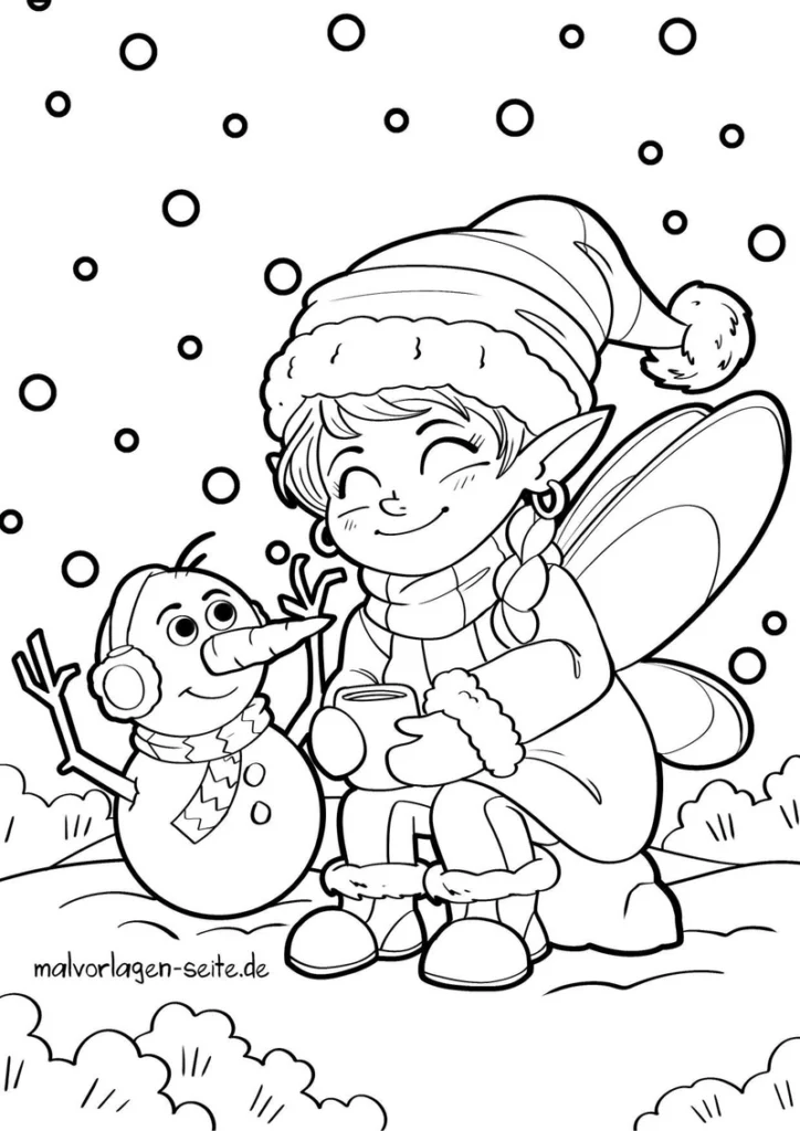 elf-und-schneemann-in-winterlandschaft