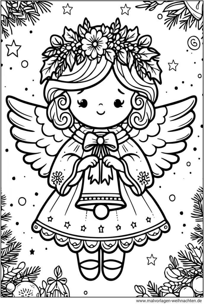 engel-mit-glocke-und-blumenkranz-malvorlage