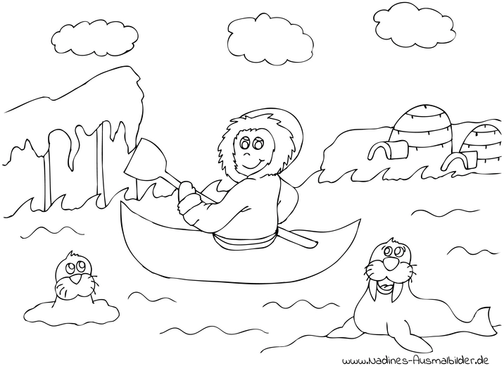 eskimo-im-kanu-mit-robben-und-iglus