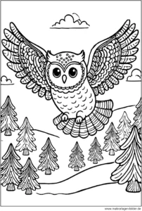 eule-fliegt-ueber-einen-wald-ausmalvorlage