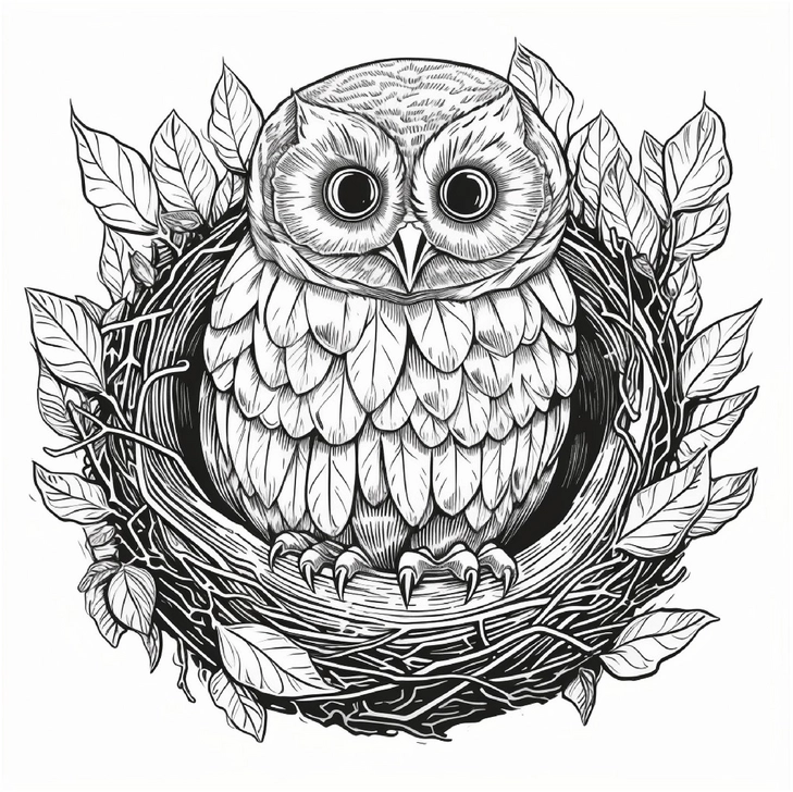 eule-im-nest-umgeben-von-blaettern