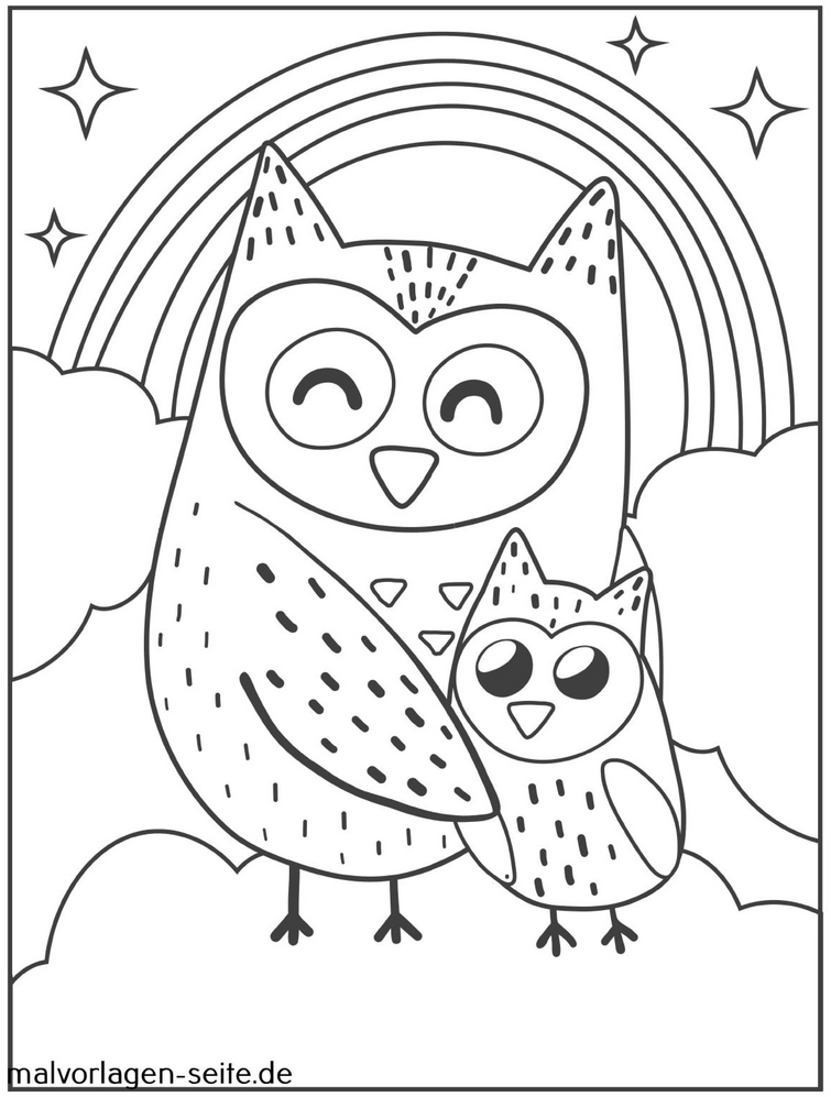 eule-mit-kueken-und-regenbogen