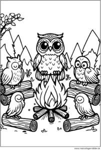eulen-am-lagerfeuer-ausmalvorlage