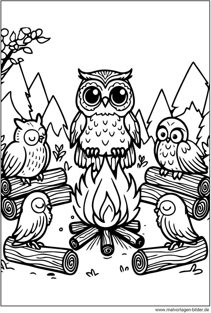 eulen-am-lagerfeuer-ausmalvorlage