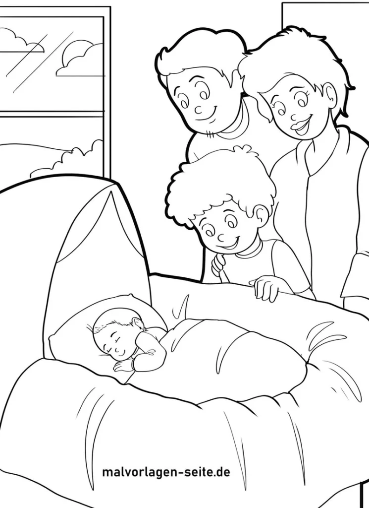 familie-baby-im-bett-ausmalvorlage
