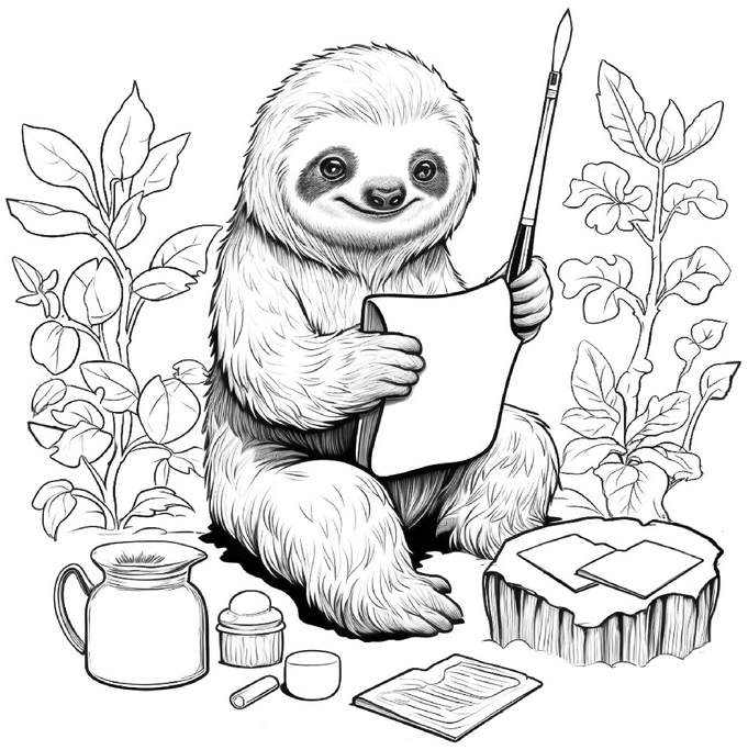 faultier-mit-pinsel-und-blatt-papier-malvorlage