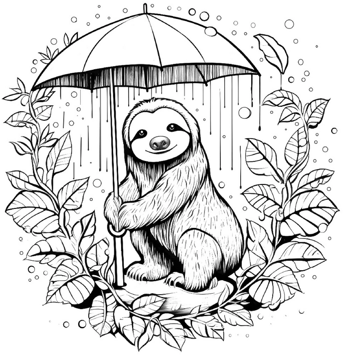 faultier-mit-regenschirm-und-pflanzen