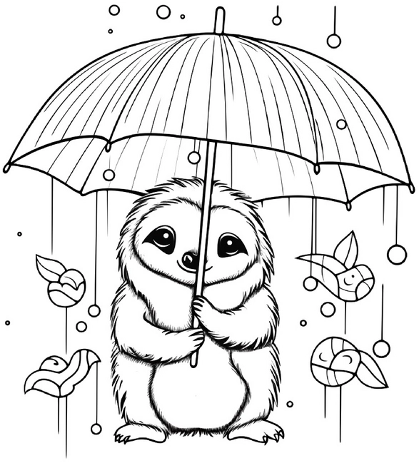 faultier-mit-regenschirm-unterhaltsam-ausmalbild