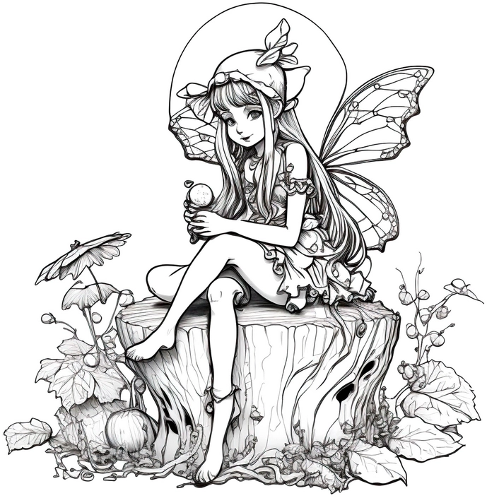 fee-auf-baumstumpf-mit-pflanzen-und-schmetterlingen