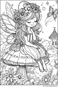 fee-auf-pilz-mit-schmetterlingen-und-blumen