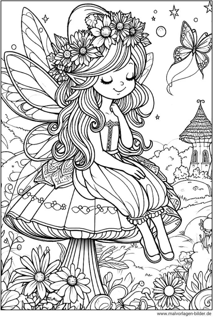 fee-auf-pilz-mit-schmetterlingen-und-blumen