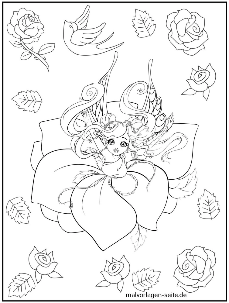 fee-blumen-vögel-ausmalvorlage