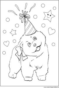 feierlicher-hund-mit-partyhut-ausmalbild