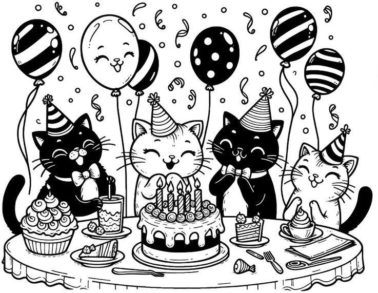 feiernde-katzen-geburtstagsparty-ausmalbild