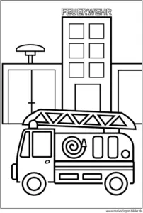 feuerwehrauto-vor-feuerwache-ausmalvorlage