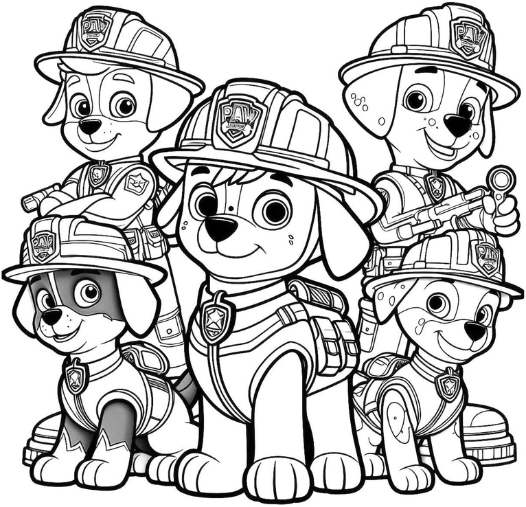 feuerwehrhunde-mit-feuerwehrhelmen-ausmalvorlage