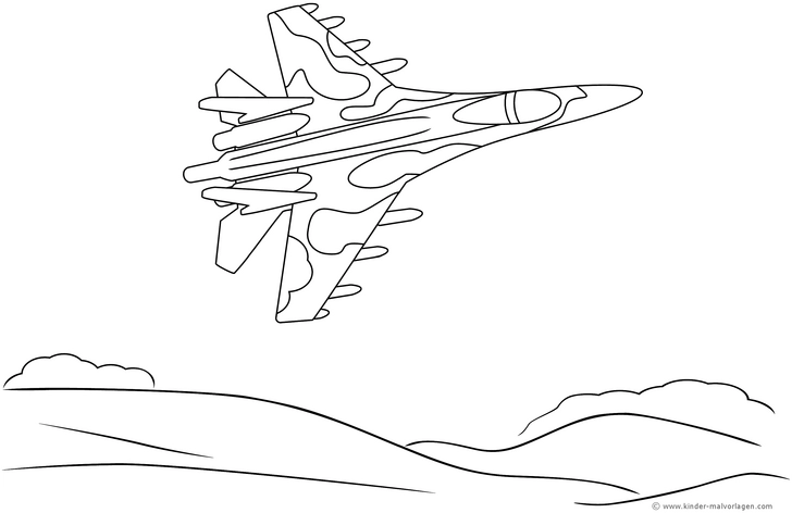 flugzeug-malvorlage-duesenjet-ueber-huegel-und-wolken