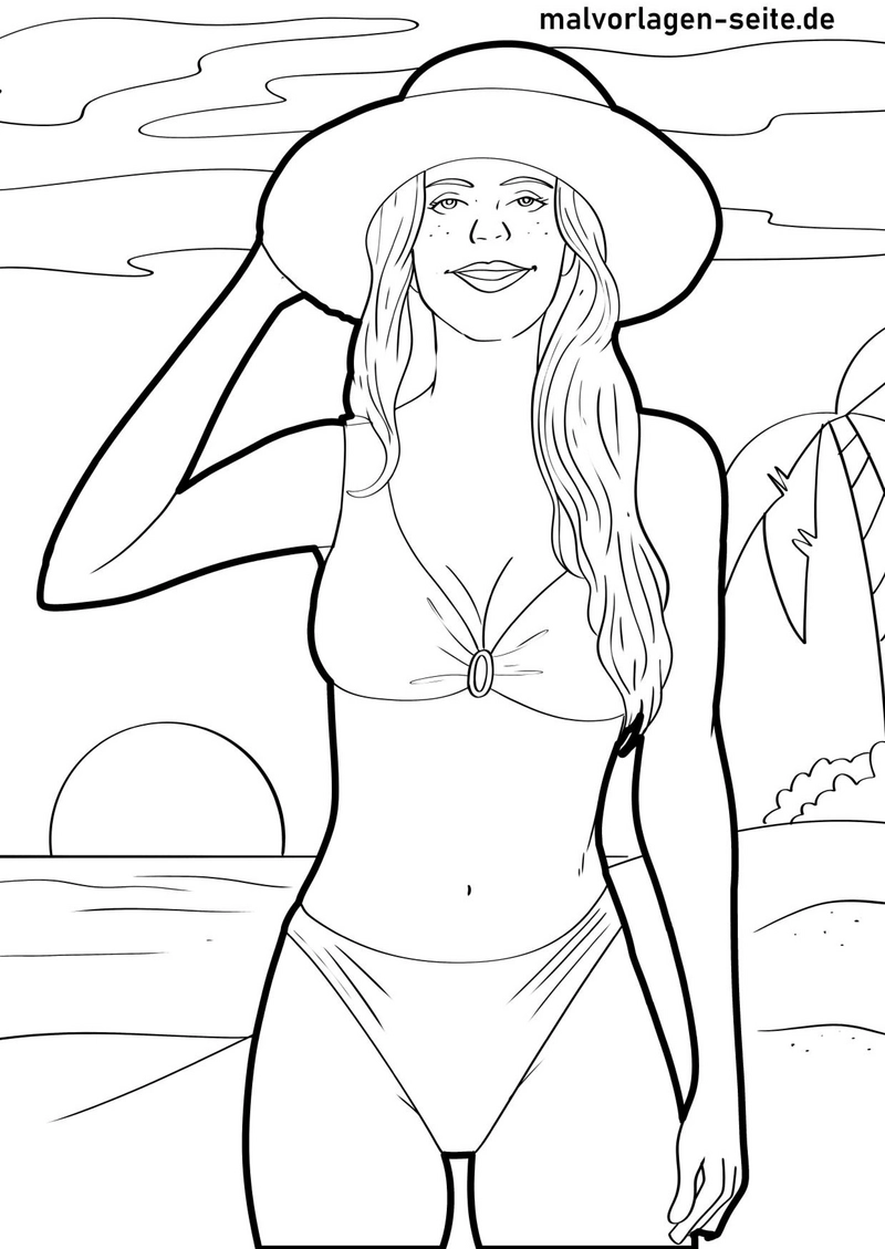 frau-am-strand-mit-hut-und-bikini
