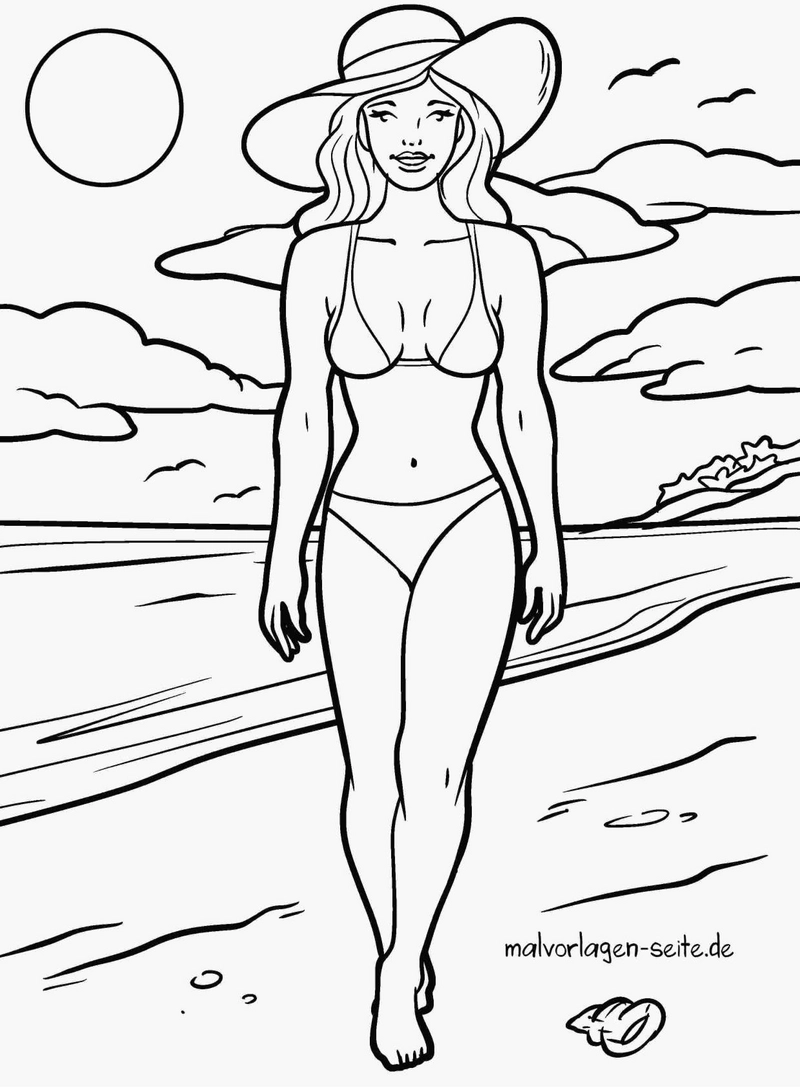 frau-am-strand-mit-hut-und-sonne