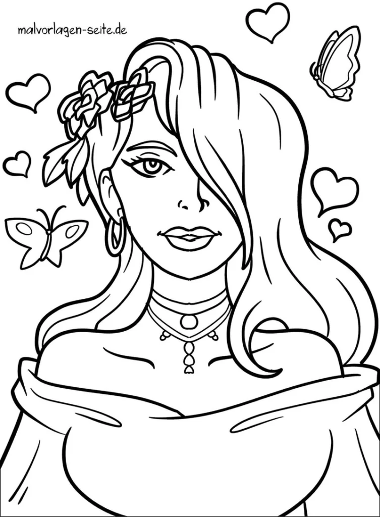 frau-herzen-schmetterlinge-malvorlage