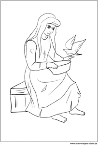 frau-mit-vogel-malvorlage-maerchenhafte-ausmalbilder