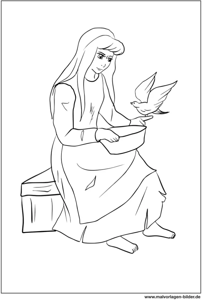 frau-mit-vogel-malvorlage-maerchenhafte-ausmalbilder