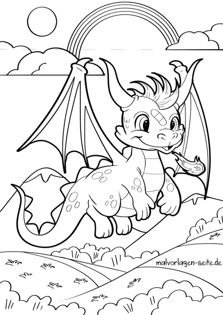 freundlicher-drache-mit-regenbogen-ausmalvorlage