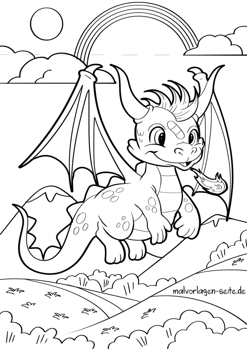 freundlicher-drache-mit-regenbogen-ausmalvorlage