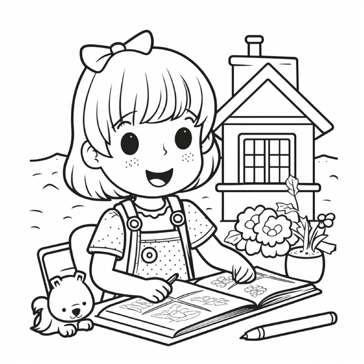 fröhliches-schulmädchen-mit-malbuch-und-haustier