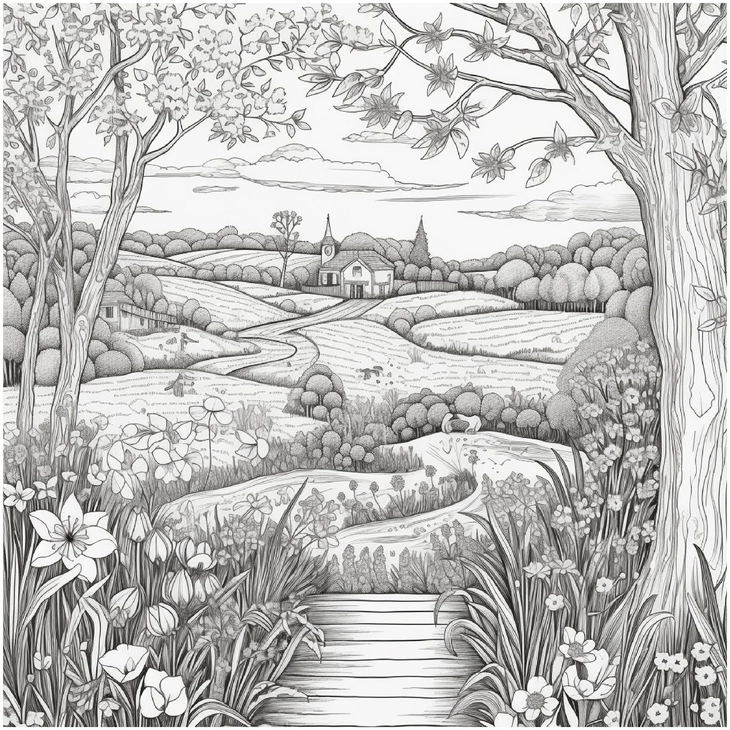fruehlingslandschaft-mit-blumen-und-haus-ausmalen