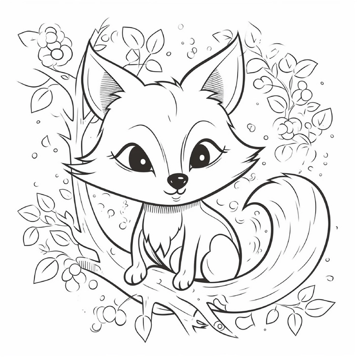 fuchs-auf-ast-mit-blumen-und-blaettern