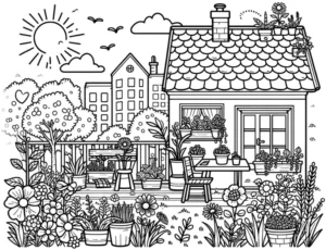 garten-mit-blumen-und-haus-ausmalbild