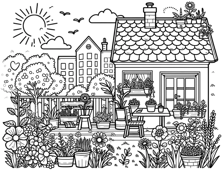 garten-mit-blumen-und-haus-ausmalbild