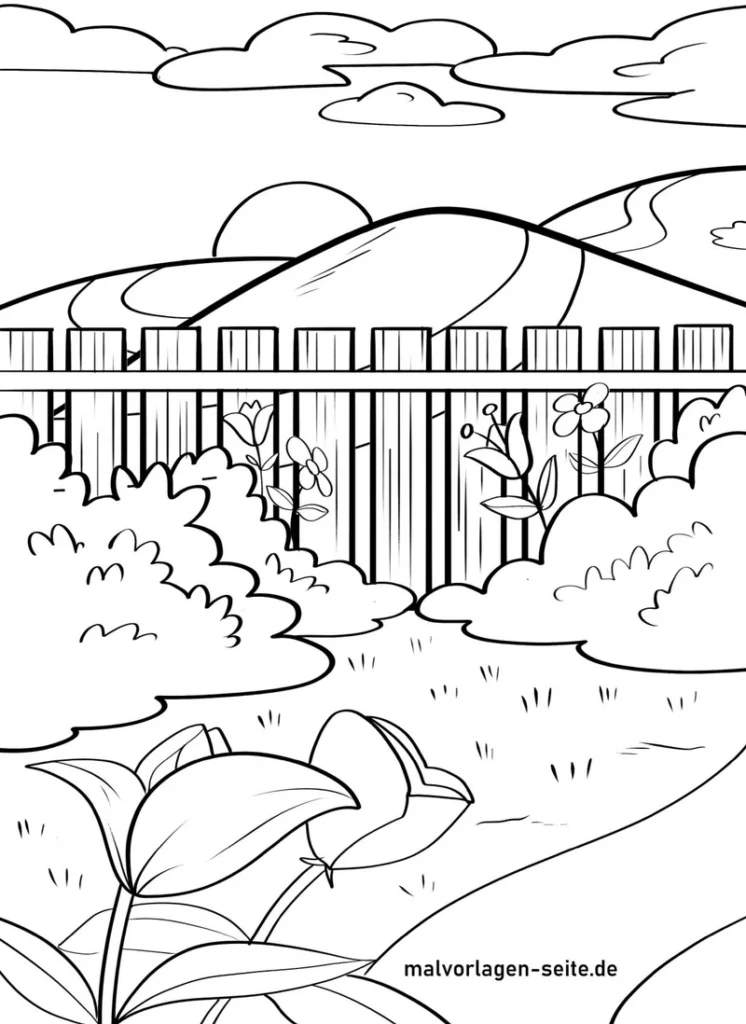 gartenzaun-blumen-huegel-fruehlingsmalvorlage