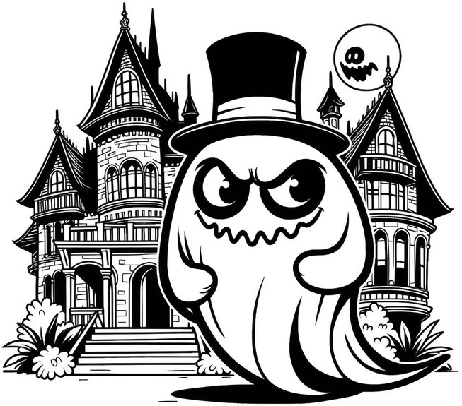 geist-vor-schloss-halloween-malvorlage
