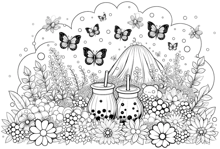 getraenke-und-schmetterlinge-in-blumenlandschaft