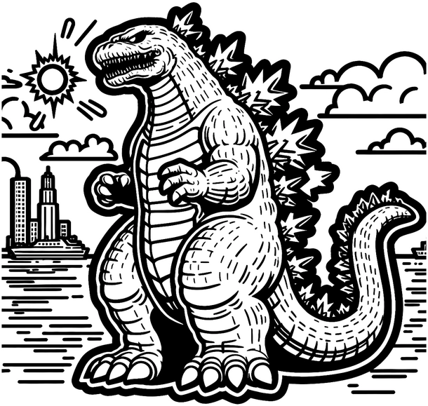 godzilla-malvorlage-in-stadtlandschaft-mit-sonne