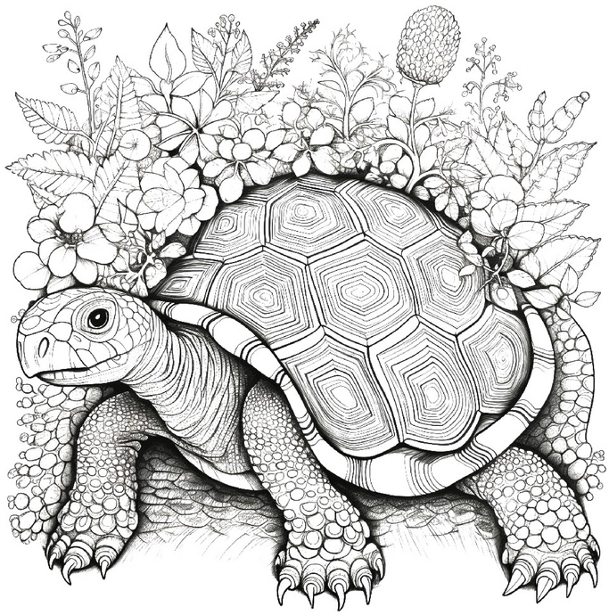 grosse-schildkroete-mit-blumen-und-pflanzen