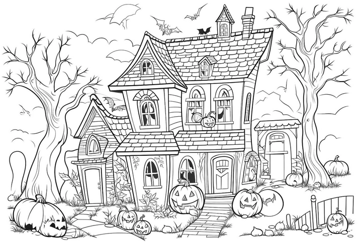 gruseliges-halloween-haus-mit-kuerbis-und-fledermaeusen
