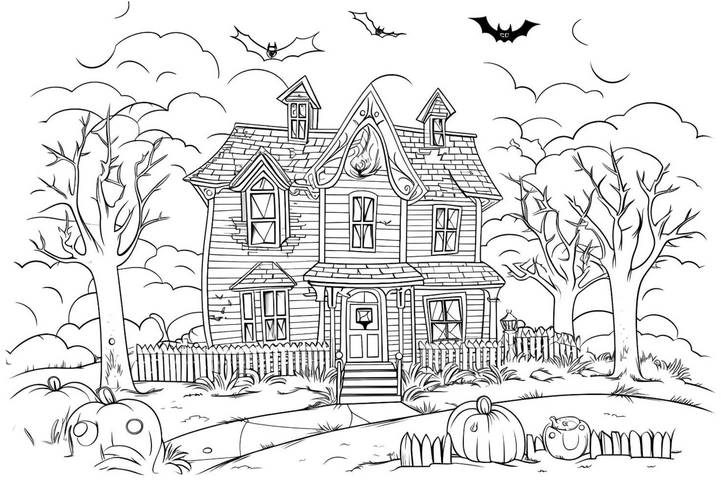 gruseliges-haus-mit-fledermaeusen-und-kuerbissen-fuer-halloween