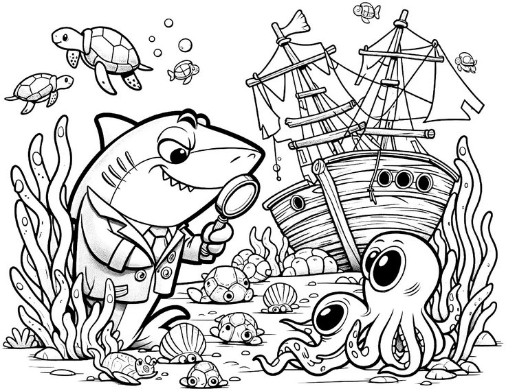 hai-und-oktopus-mit-piratenschiff-ausmalvorlage