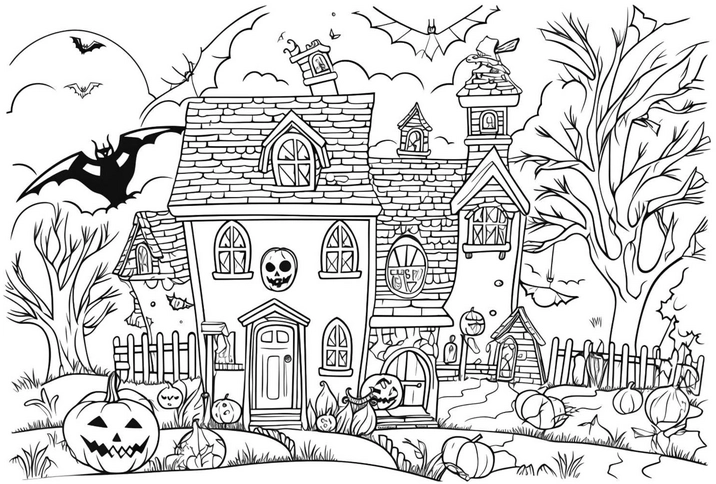 halloween-malvorlage-gruseliges-haus-mit-kuerbissen