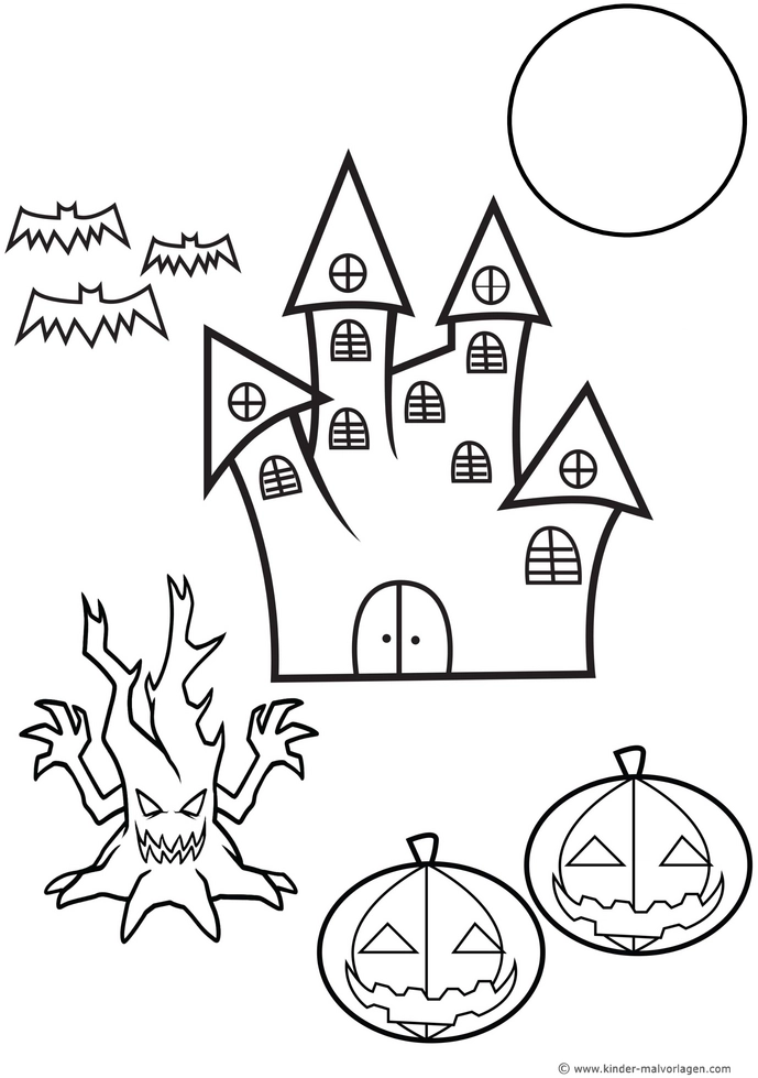 halloween-malvorlage-spukschloss-kürbisse