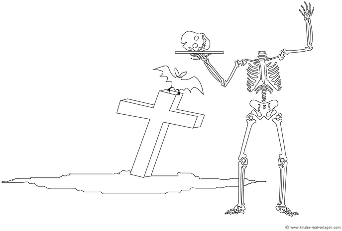 halloween-skelett-mit-grabstein-und-fledermaus
