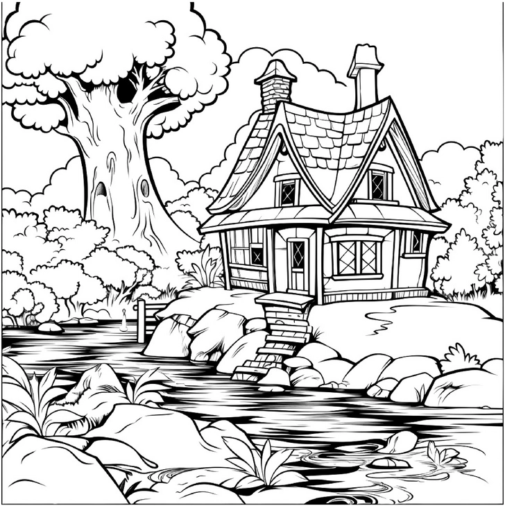 haus-im-wald-am-fluss-ausmalbild