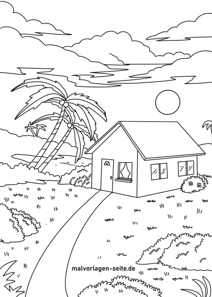 haus-mit-palmen-und-sonnenuntergang