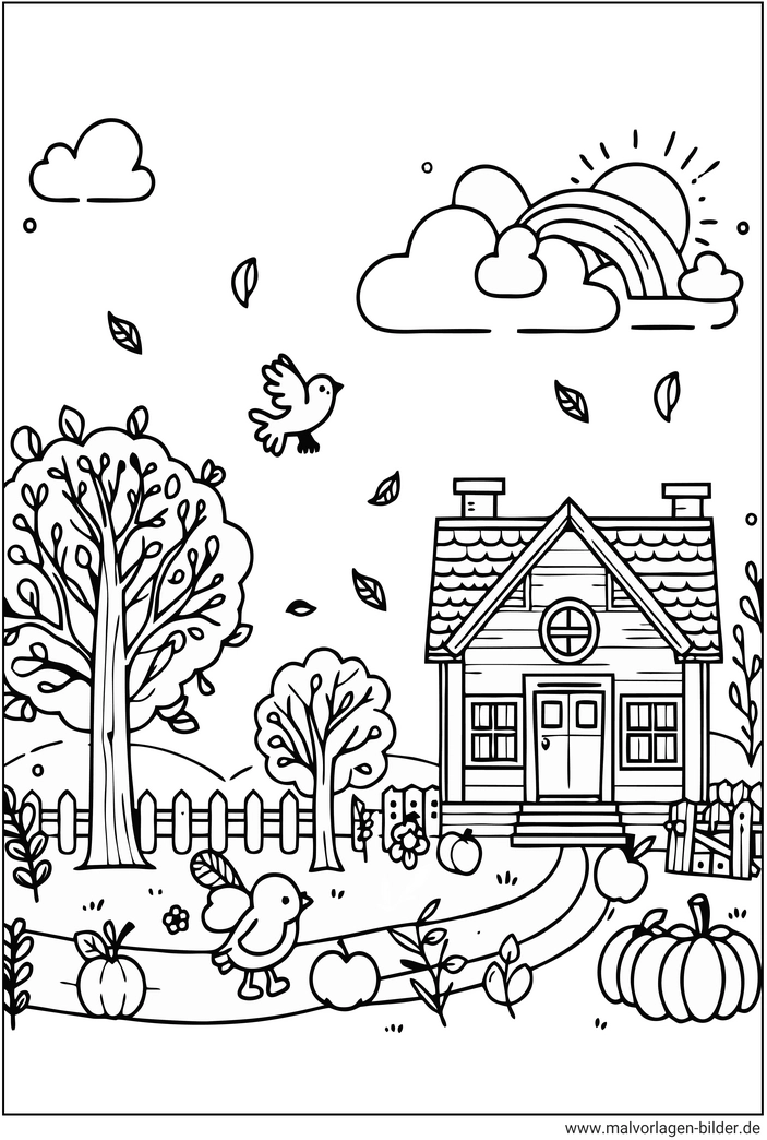 herbstgarten-mit-vogel-und-haus-ausmalbild