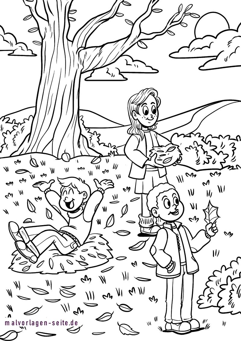 herbstszene-mit-kindern-unter-einem-laubbaum