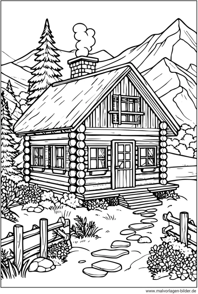 holzhaus-in-den-bergen-ausmalvorlage